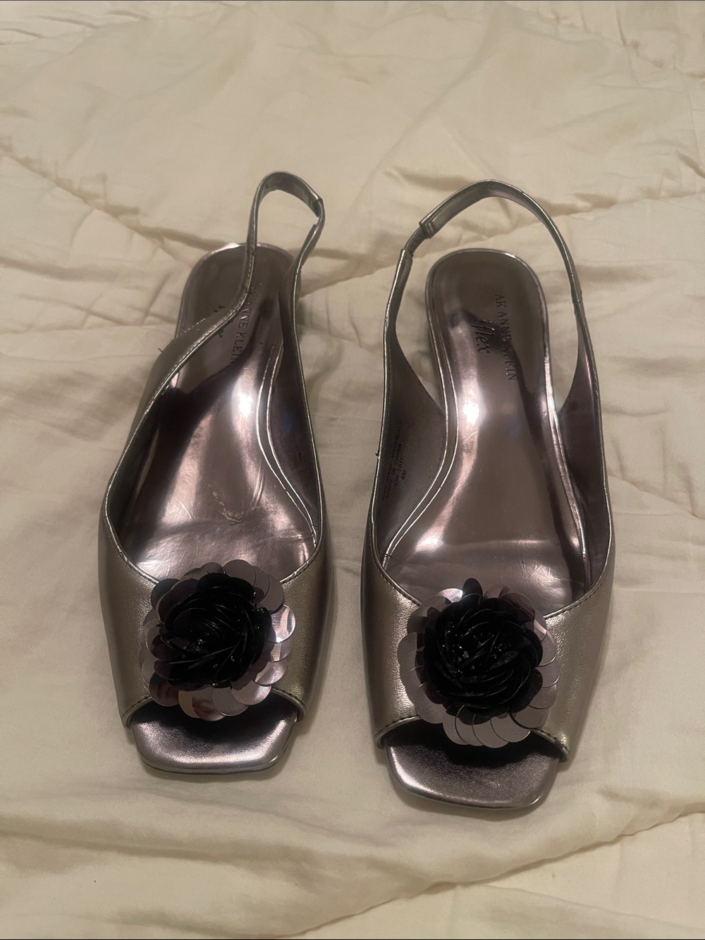 Anne Klein iflex Metallic Silver Slingback Heels with Black Floral Appliqué
